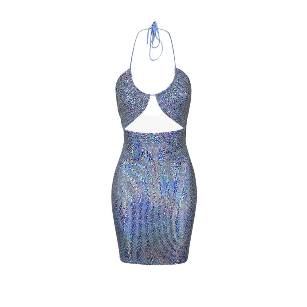 NWT Sabora Light Blue Iridescent Sequin Two Piece Bodycon Mini Dress Club Party